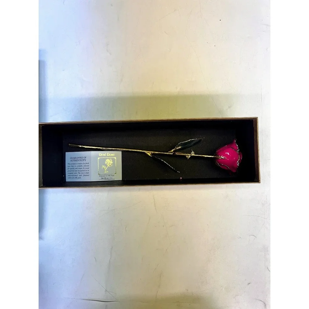24k Rose Co Pink Real Rose Preserved in Lacquer Trimmed in 24K Gold with Box COA